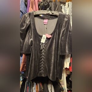 Torrid Betsey Johnson Black Velvet Puff Sleeve Corset Lace-Up Top